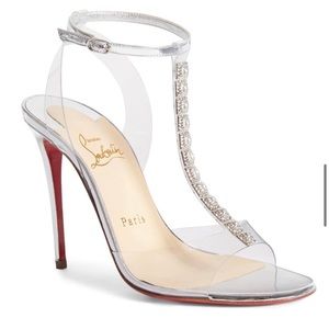 Christian Louboutin Jamais Assez Studded Leather & PVC Sandals in Silver